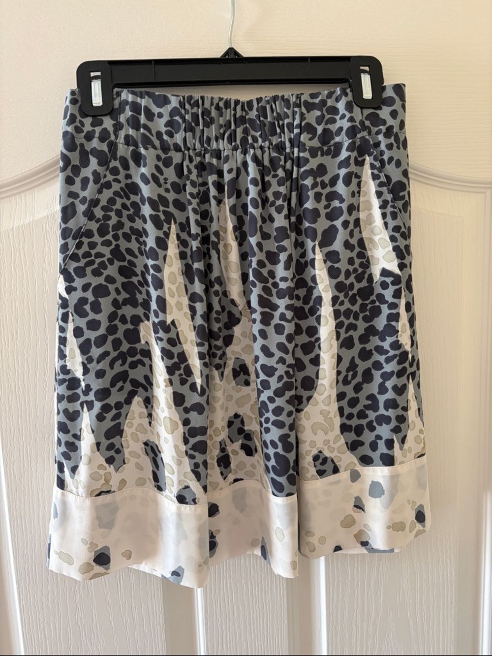 CAbi A-Line Animal Print Skirt in Light Blue, Grey and Cream with side pockets
